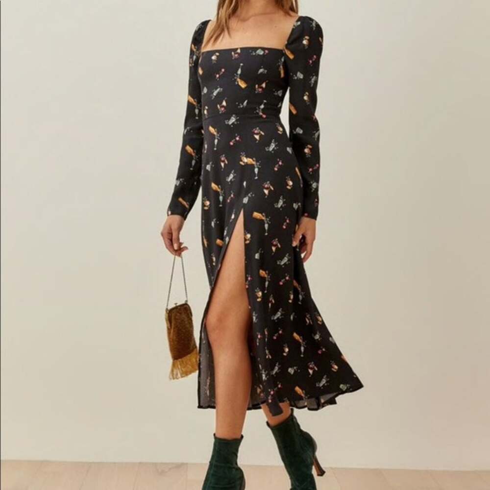 Reformation Sigmund Long Sleeve Midi Dress Cocktail Print US 6